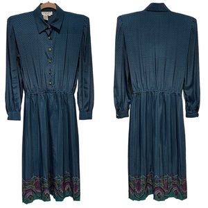 Vtg 80s Schrader Petite Floral Paisley Pleated Midi Dress Size 8